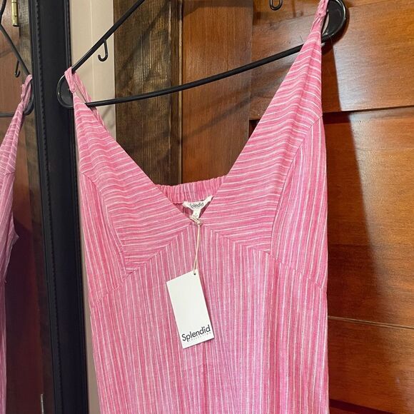 New Splendid Pink & White Midi Dress Linen Blend Vertical Striped Size Large - Picture 9 of 10